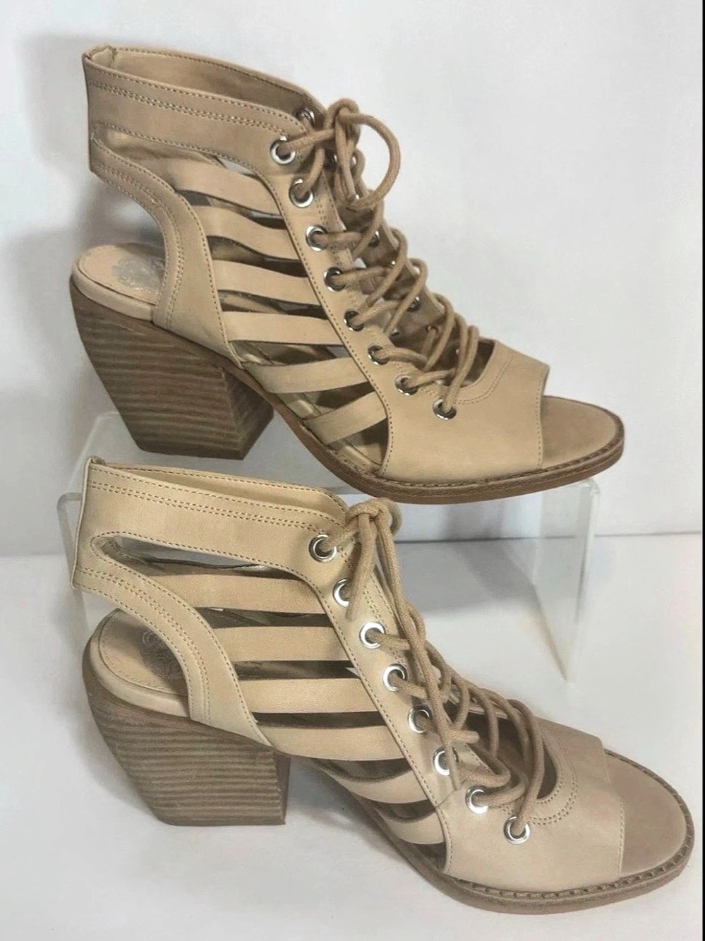Vince Camuto Open Toe Lace Up Heeled Shoes Taupe Tan 7.5 M/38 Tan